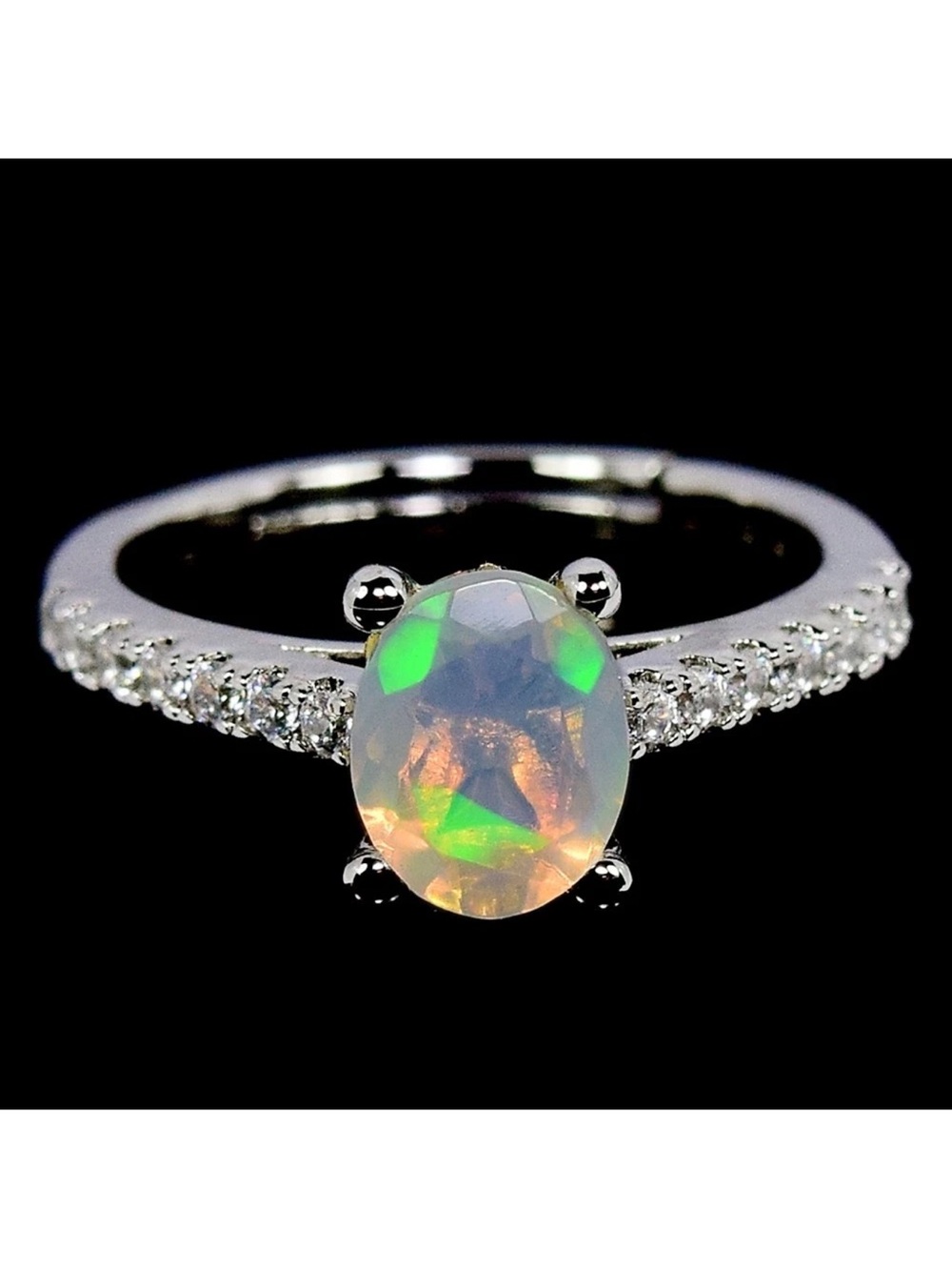 Beautiful Natural Rainbow Opal w/ zircon Accent 925 Sterling Silver Ring Sz 5.75